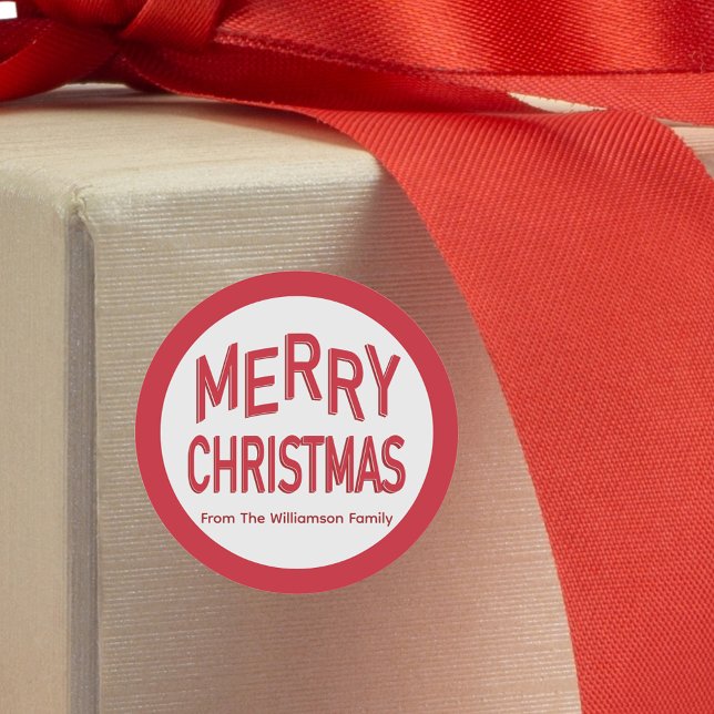 Red Merry Christmas Runder Aufkleber (Merry Christmas Stickers for Packages, Gifts, Envelopes and more.)