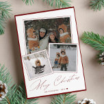 Red Merry Christmas Script 3 Foto Collage Feiertagskarte<br><div class="desc">Einfache moderne 3 Fotos mit Familie Frohe Weihnachten handgeschriebene Kalligraphie-Skript rot-weiß Urlaubskarte.          Einfach mit Ihren Bildern und Texten auf beiden Seiten personalisieren!</div>