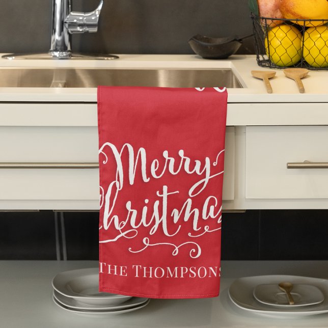 Red Merry Christmas Script Personalisiert Geschirrtuch (Merry Christmas red and white custom kitchen towel. )
