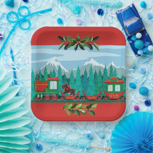 Red Merry Christmas Train Pappteller (Party)