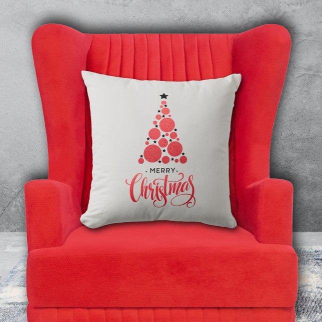 Red Merry Christmas Tree Stars Holiday Kissen (PIllow with Merry Christmas and modern red Christmas tree on pale gray background. Choose size. )