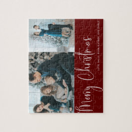 Red Merry Weihnachts Script 2 Foto Collage Holiday Puzzle