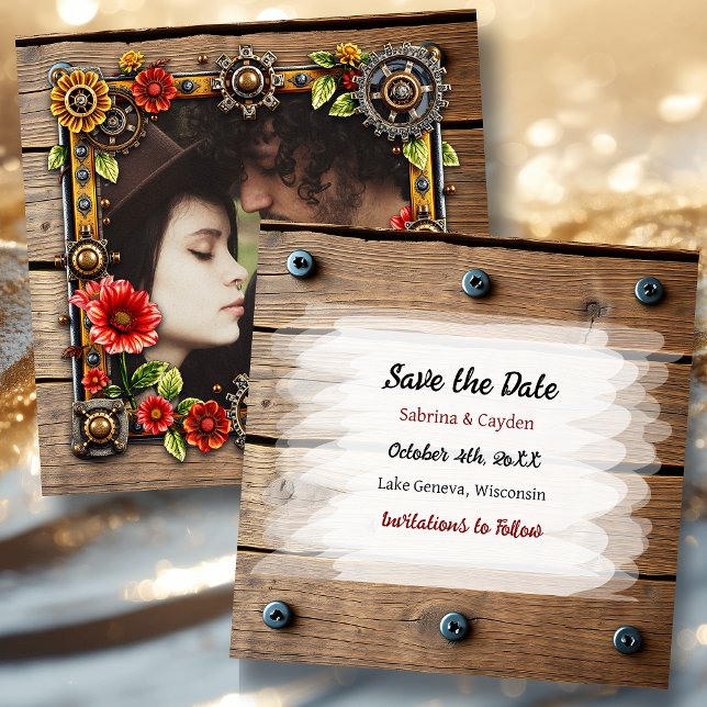 Red Metal Blume Steampunk Personalisiert Hochzeit Save The Date (Von Creator hochgeladen)