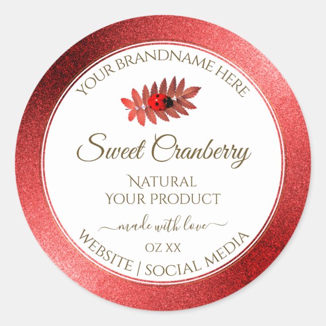Red Metallic Glitzer White Product Labels Ladybug Runder Aufkleber (Vorderseite)