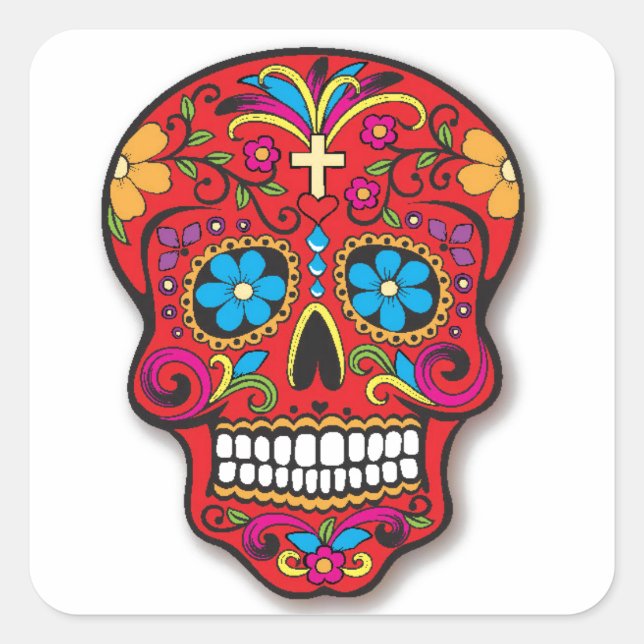 Red Mexican Sugar Skull Day of the Dead Quadratischer Aufkleber (Vorderseite)