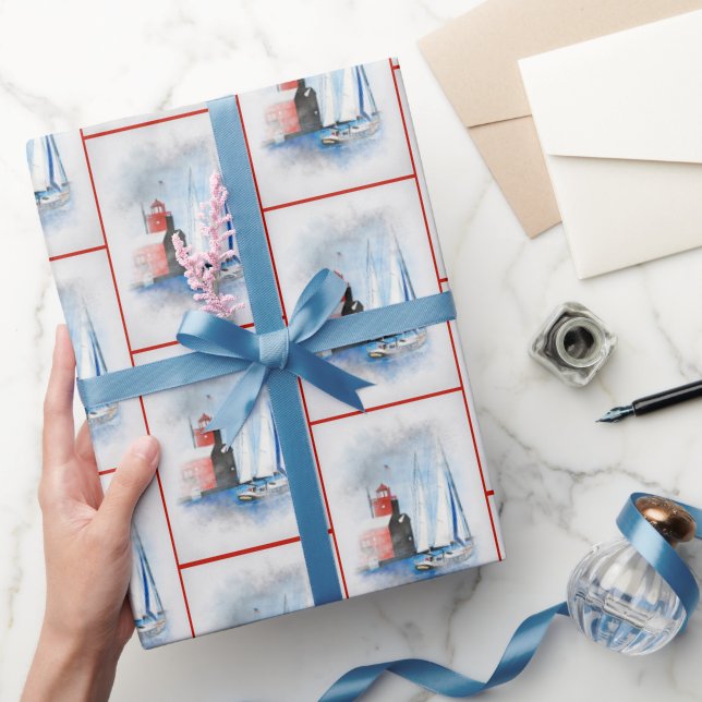 Red Michigan Lighthouse mit Sailboat Geschenkpapier (Schenken)