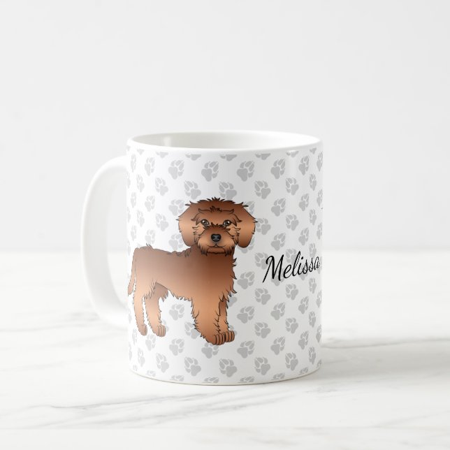 Red Mini Goldendoodle Cartoon Dog & Name Kaffeetasse (Vorderseite Links)