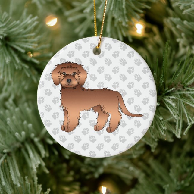 Red Mini Goldendoodle Cartoon Dog & Text Keramik Ornament (Baum)