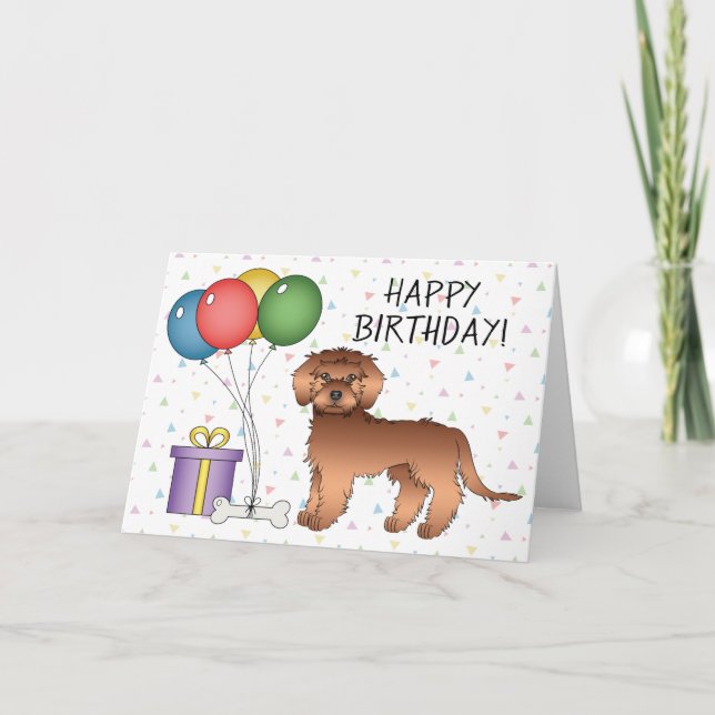 Red Mini Goldendoodle Cartoon Hund Happy Birthday Karte (Vorderseite)