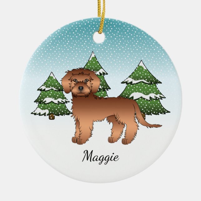 Red Mini Goldendoodle - Winterwald & Name Keramik Ornament (Vorne)