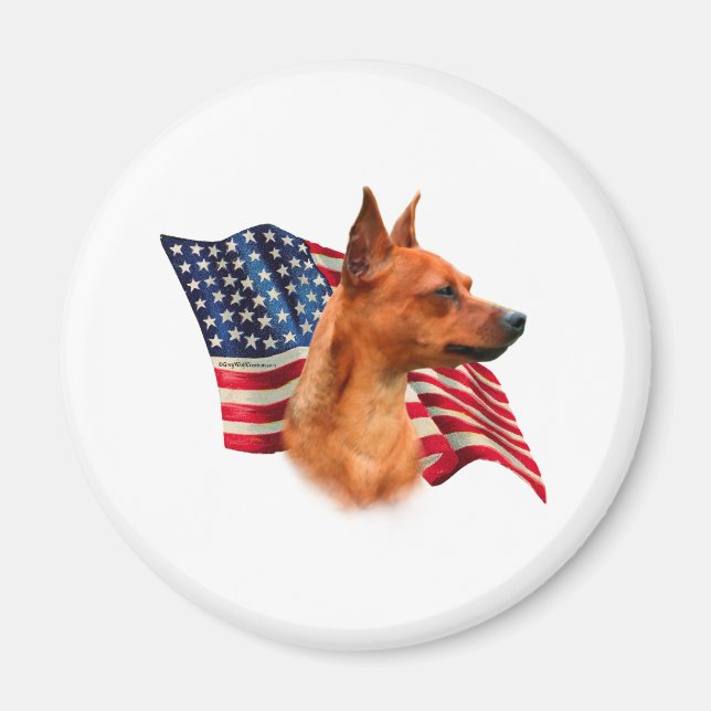 Red Miniature Pinscher American Flag; Min Button F Magnet (Vorne)