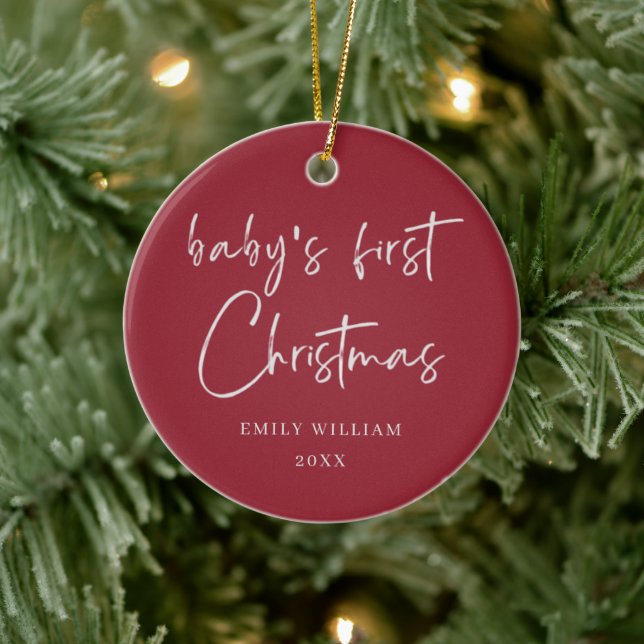 Red Minimal Elegant Foto Baby's First Christmas Keramik Ornament (Baum)