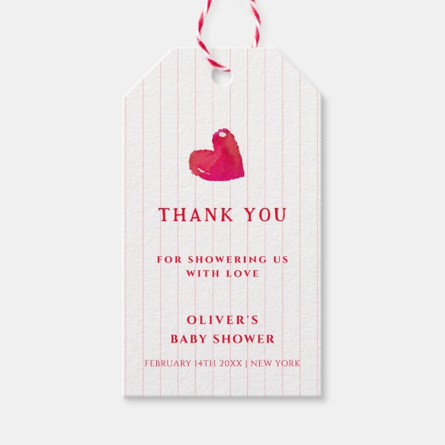Red Minimal Heart Stripe Baby Dusche Vielen Dank Geschenkanhänger (Vorderseite)