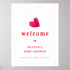 Red Minimal Heart Stripe Baby Dusche Willkommen Poster