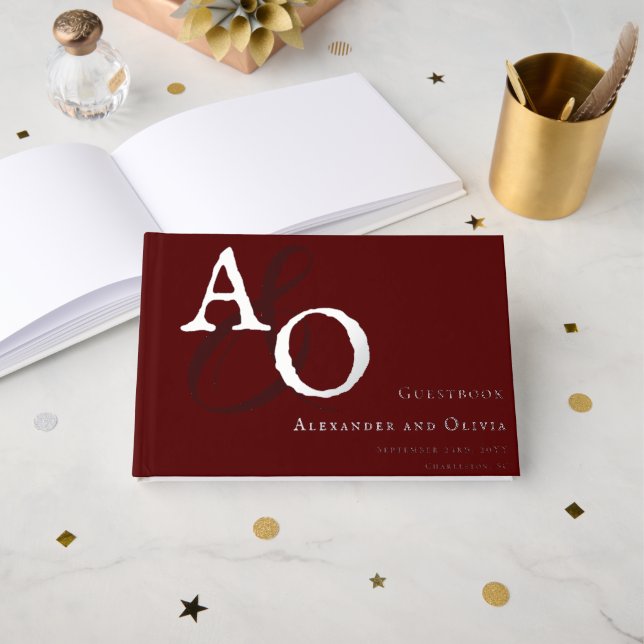Red Minimalistisch Monogram Wedding Gästebuch (Vorderseite Offen)