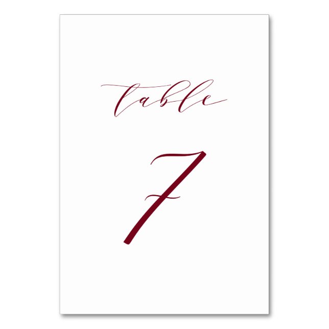 Red Minimalistisch Script Wedding Tischnummer 7 (Vorderseite)