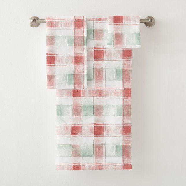 Red Mint Peppermint Mocha Plaid Stripes Christmas Badhandtuch Set (Insitu)