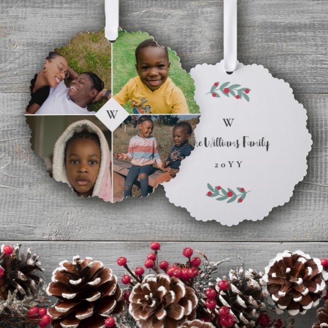 Red Mistletoe White Monogram Foto Collage Family Ornament Karte (Von Creator hochgeladen)
