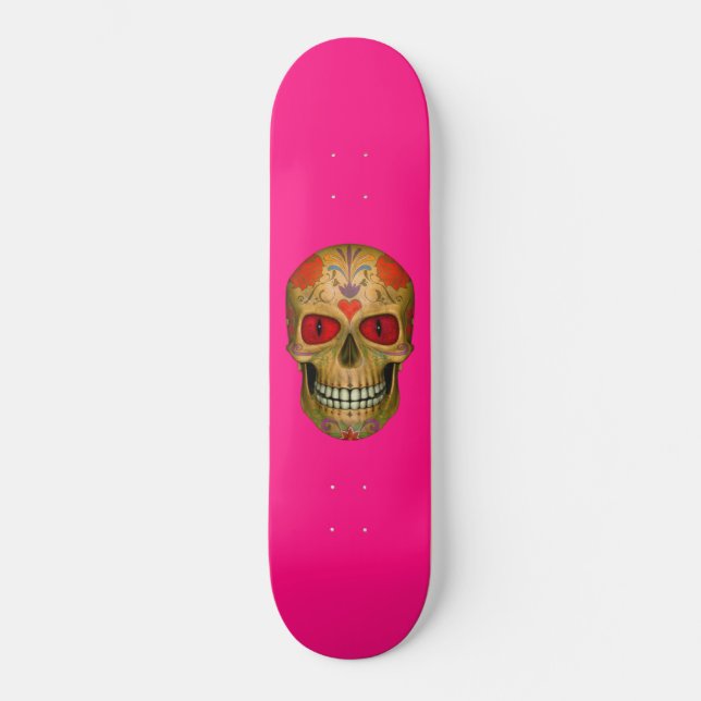 Red Mit Augen Sugar Skull Zombie Hot Pink Skateboa Skateboard (Vorderseite)