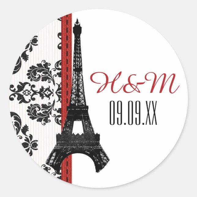 RED Mit Monogramm Damask Eiffel Tower Wedding Runder Aufkleber (Vorderseite)