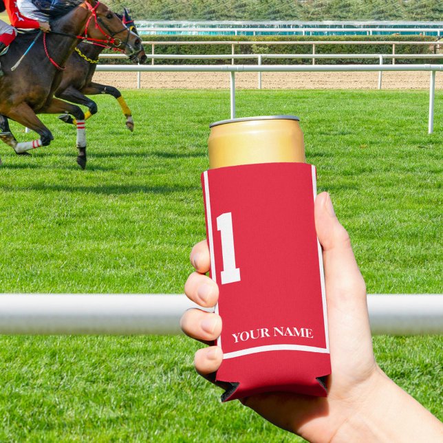 Red mit White Horse 1 Satteltuch Custom Selters Dosenkühler (Keep it cool at the track or in the backyard with this personalized red saddlecloth can cooler)