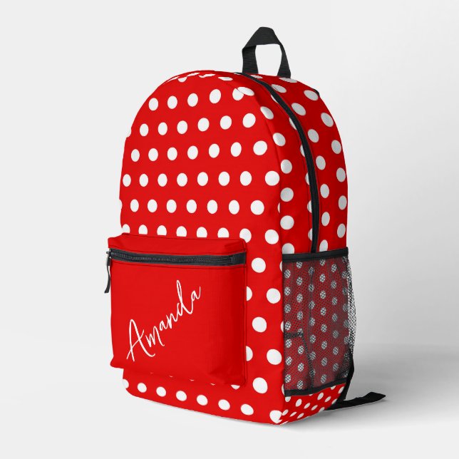 Red mit White Polka Dots Personalisiert Bedruckter Rucksack (Rückseitige Ecke Rechts)