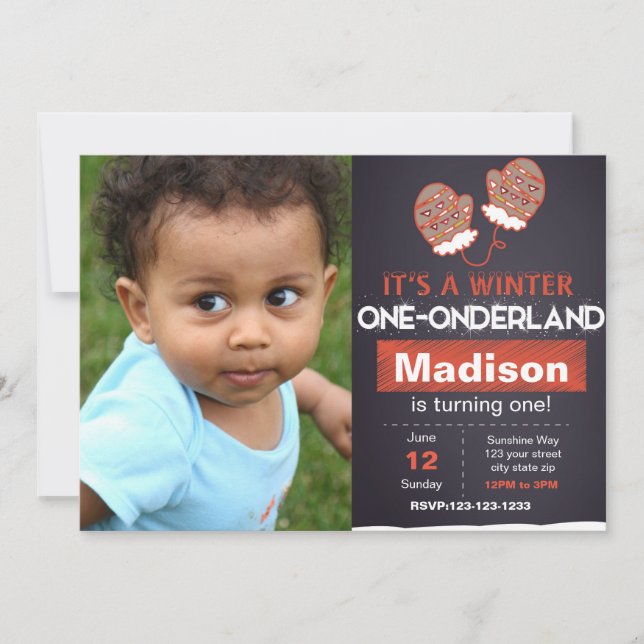 Red Mitten Geburtstag Einladung mit Foto (Vorderseite)