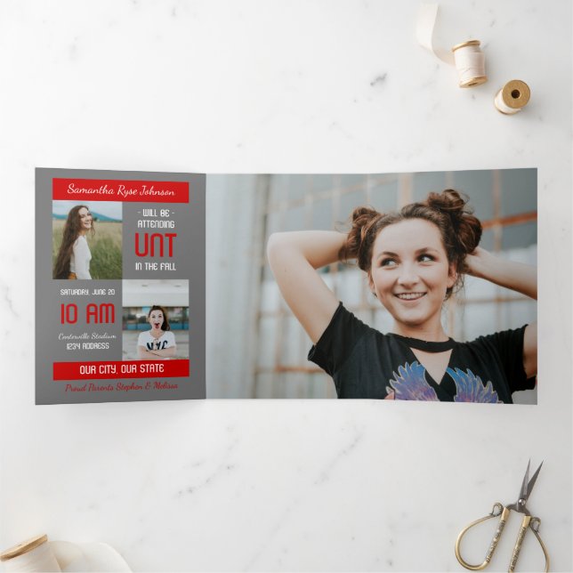 Red Modern Block 5-Foto-Abschluss Dreifach Gefaltete Einladung (Innenseite)