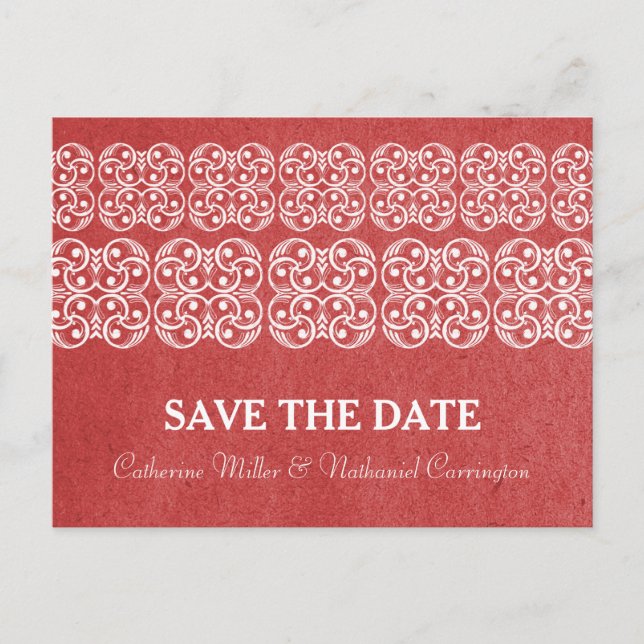 Red Modern Bohemisch Save the Date Postkarte (Vorderseite)