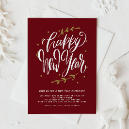 Red Modern Calligraphy and Wreath New Year Party Einladung