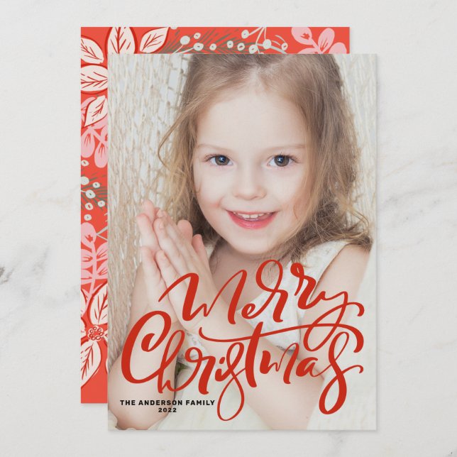 Red Modern Calligraphy Foto Frohe Weihnachten (Vorne/Hinten)