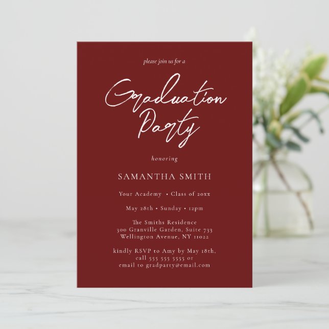 Red Modern Calligraphy Script Graduation Party Einladung (Stehend Vorderseite)