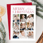 Red Modern Christmas 9 Foto Collage Feiertagskarte<br><div class="desc">Moderne Weihnachtskarte mit "Fröhlicher Weihnachten", die oben im Design in trendiger roter Schrift mit weißem Hintergrund ausgestellt ist. Eine Foto-Collage von 9 Fotos wird unten in einem Rasterlayout angezeigt. Personalisieren Sie die Multi-Foto Weihnachtskarte mit Ihrem Familiennamen. Die Karte kehrt um, um einen roten Hintergrund mit subtilen weißen Punkten (Schnee) anzuzeigen....</div>