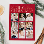 Red Modern Christmas 9 Foto Collage Folien Feiertagskarte<br><div class="desc">Moderne Weihnachtskarte mit "Frohe Weihnachten",  die oben im Design in trendiger Goldfolie mit rotem Hintergrund dargestellt wird. Eine Foto-Collage von 9 Fotos wird unten in einem Rasterlayout angezeigt. Personalisieren Sie die Multi-Foto Weihnachtskarte mit Ihrem Familiennamen. Die Folienkarte kehrt um,  um einen roten Hintergrund mit subtilen weißen Punkten (Schnee) anzuzeigen.</div>