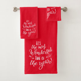 Red Modern Christmas Typografie Wonderful TIme Badhandtuch Set