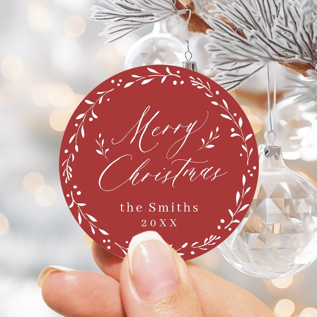 Red Modern Drehbuch Frohe Weihnachtsgeschenk Runder Aufkleber (Red Modern script Merry Christmas holiday gift Classic Round Sticker)