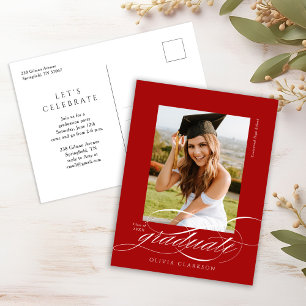 Red Modern Elegante Script Foto Graduation Party Postkarte