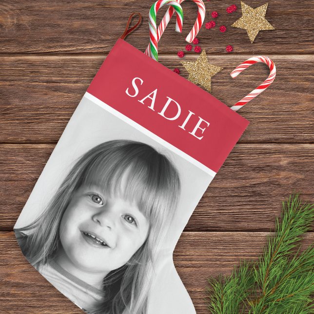 Red Modern Festival Foto + Name Holiday Großer Weihnachtsstrumpf (Von Creator hochgeladen)