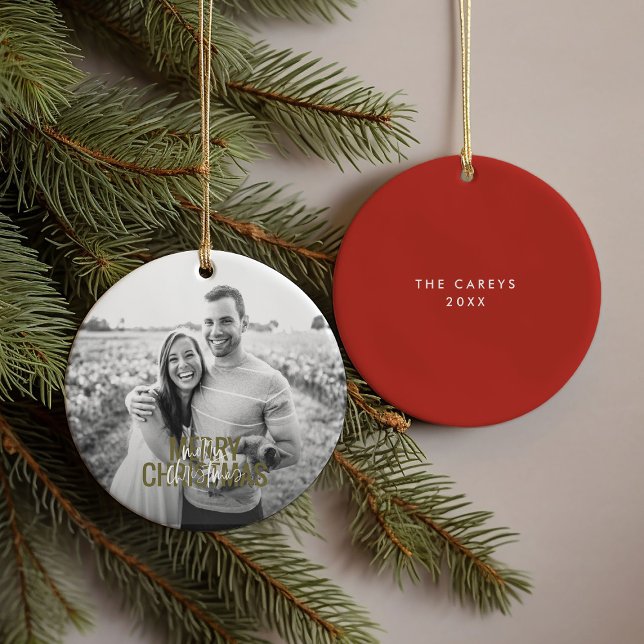 Red Modern Frohe Weihnachten Custom Foto Keramik Ornament (Red Modern Merry Christmas Custom Photo Ceramic Ornament)