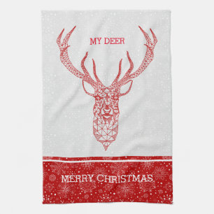 Red Modern Geometric Christmas Deer Geschirrtuch
