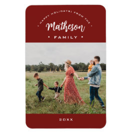 Red Modern Happy Holidays Custom Family Foto Jahr Magnet
