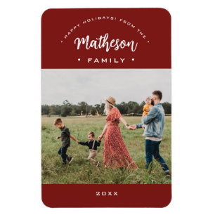 Red Modern Happy Holidays Custom Family Foto Jahr Magnet