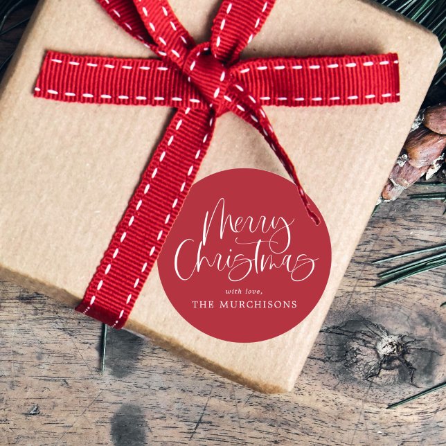 Red Modern Simple Calligraphy Frohe Weihnachten Runder Aufkleber (Von Creator hochgeladen)