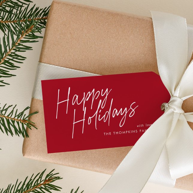 Red Modern Simple Script Happy Holidays Geschenkanhänger (Von Creator hochgeladen)