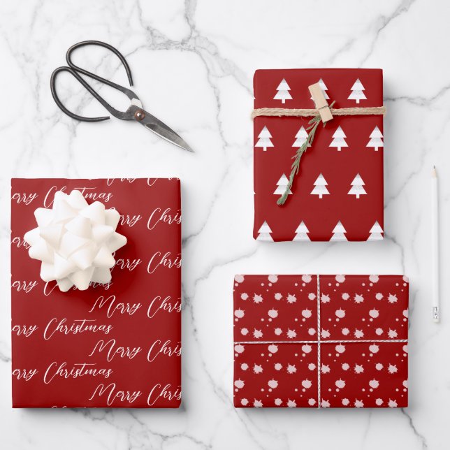Red & Modern White Christmas Tree Geschenkpapier Set (Vorderseite)