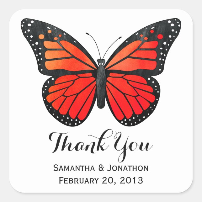 Red Monarch Butterfly Wedding Danke Quadratischer Aufkleber (Vorderseite)