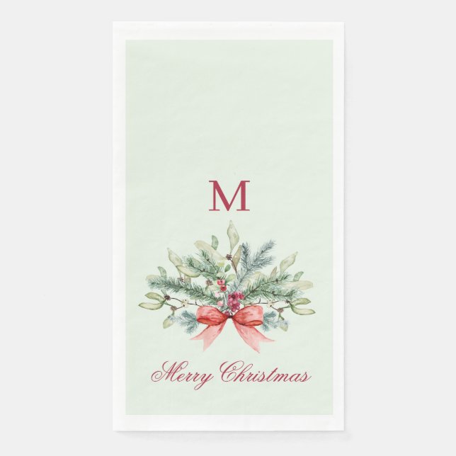 Red Monogram Greenery Frohe Weihnachten Serviette (Vorderseite)