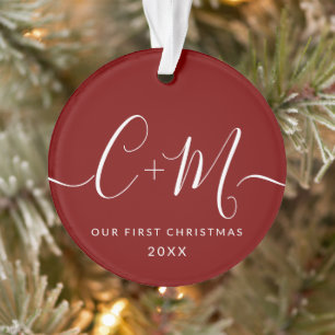 Red Monogram Our First Christmas Custom Foto Ornament