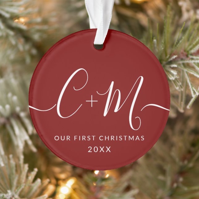 Red Monogram Our First Christmas Custom Foto Ornament (Baum)