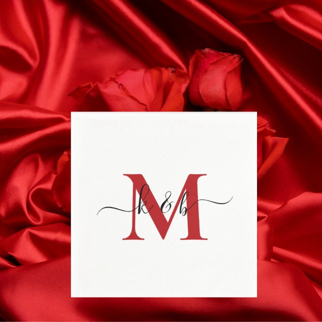 Red Monogram Swash Script White Cocktail Serviette (Von Creator hochgeladen)